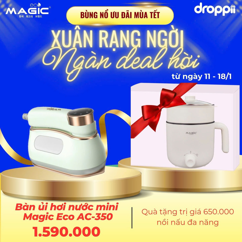 Bàn ủi (Bàn là) hơi nước mini 2 in 1, mặt bàn ủi Gang phủ chống dính tefon, 4 chế độ ủi chuyên dụng Magic Eco AC-350